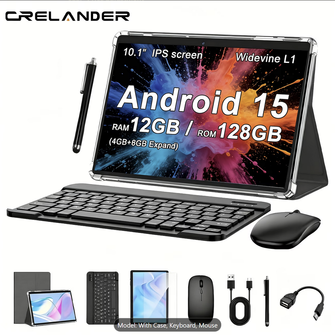 CRELANDER 10.1" Android 15 Tablet PC, 12GB RAM + 128GB ROM with Case