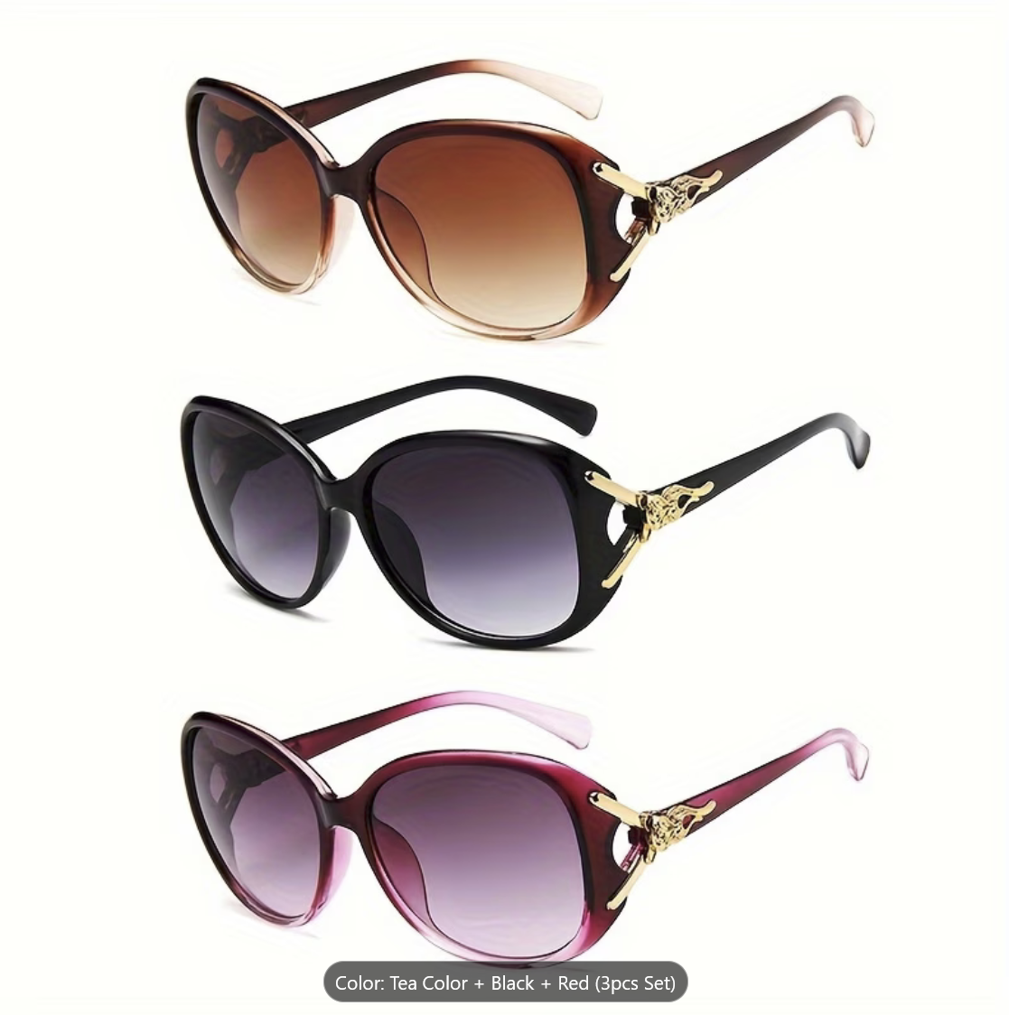 3pcs Women’s Oval Large Frame Fashion Glasses with Golden Fox Decoration