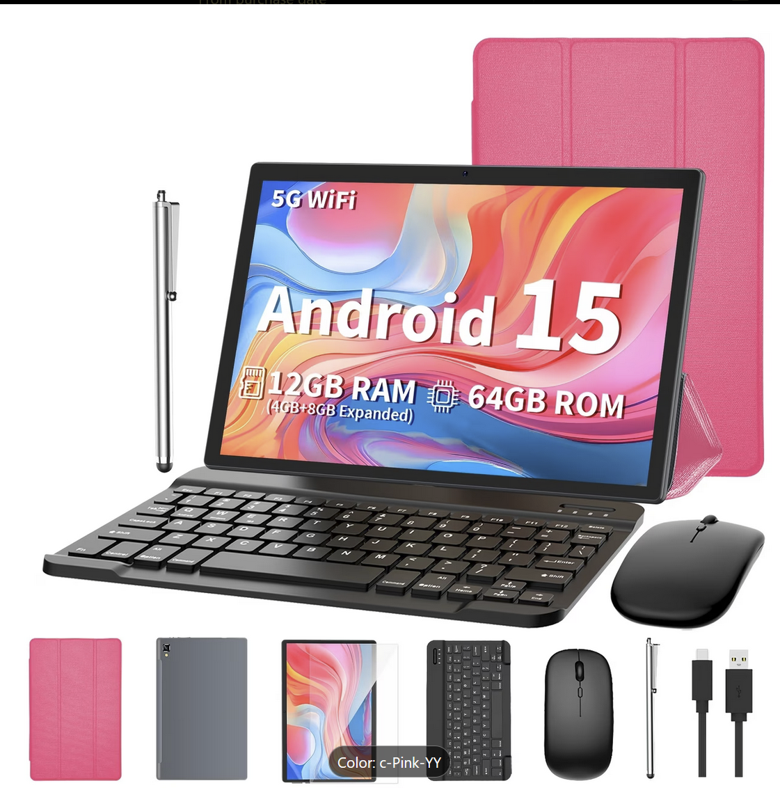 Android 15 10.1" 2-in-1 Tablet PC, 12GB RAM + 64GB ROM